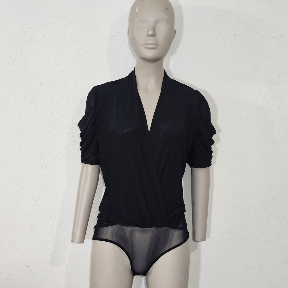 Akira Black Mesh Bodysuit Sz L Sheer Wrap Front Short‎ Sleeve Whimsigoth Party
